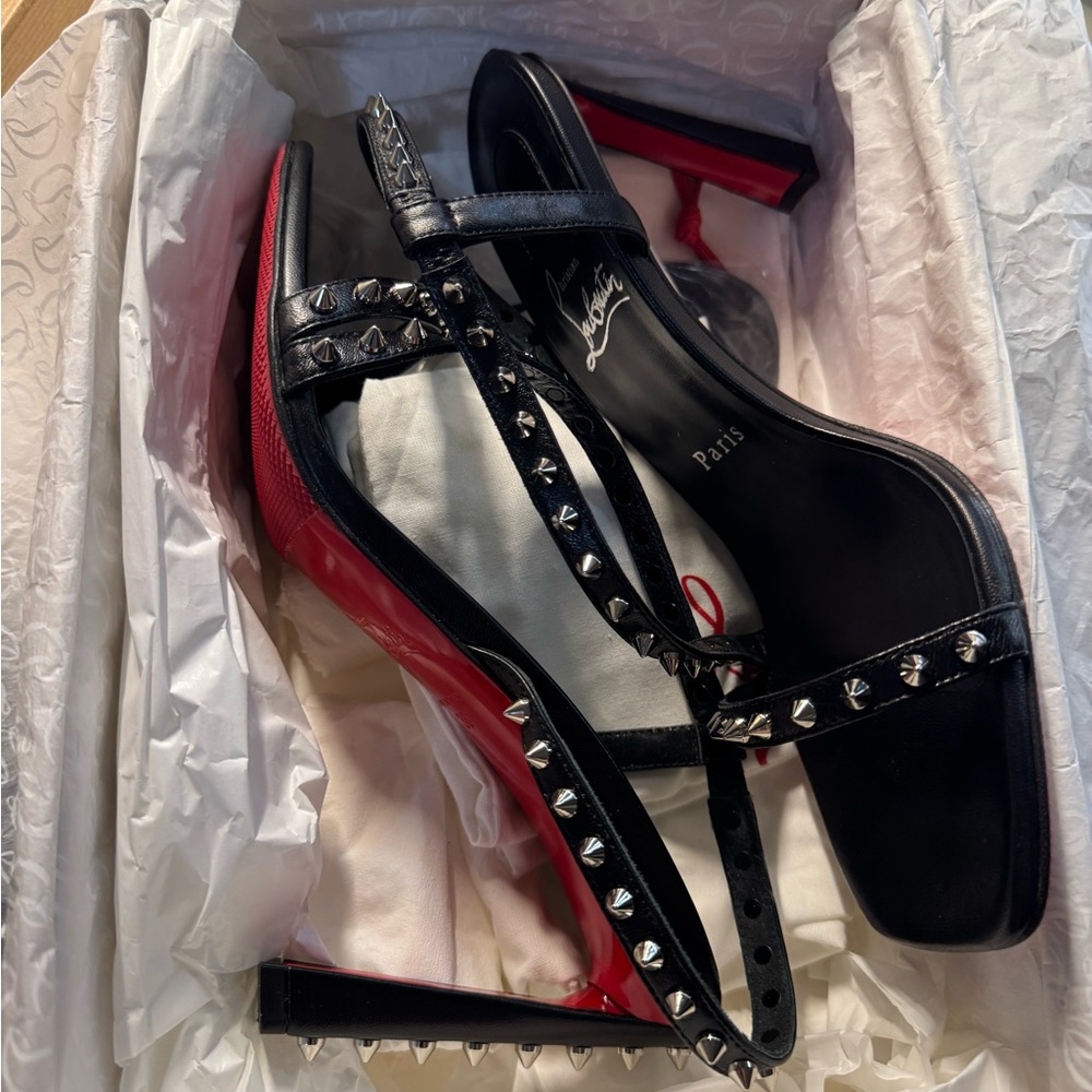 Christian Louboutin Rosa Condorapik 85 Black and Red Studded Women's Heels